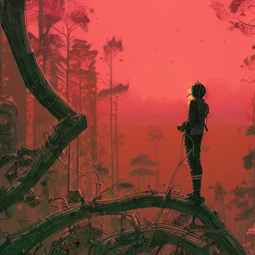 Image similar to Stunning illustration of single cyberpunk explorer overlooking lush forest , highly detailed, sunset, by Victo Ngai and James Gilleard , Moebius, Laurie Greasley