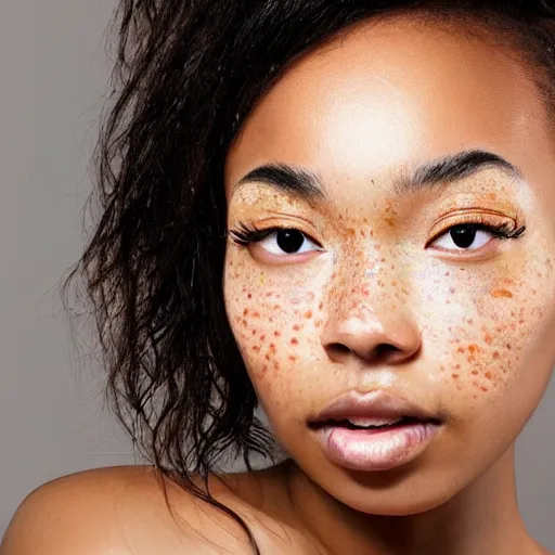 Prompt: a beautiful blasian woman with heterochromia and freckles