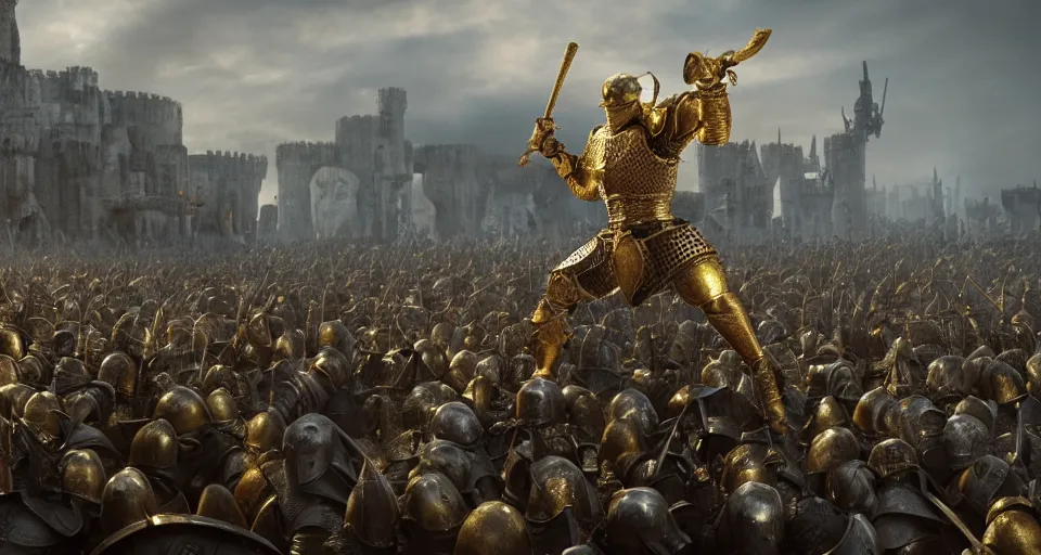 Prompt: 3d render of A knight with a skull mask, wearing a golden set of armor standing in the middle of a battlefield with a sea of knights fighting, hyper realistic 3d, unreal, craig mullins, alex boyd, lord of the rings, game of thrones, dark souls, artstation, cinematic action shot, warhammer