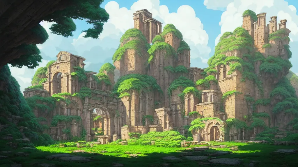 Image similar to ancient monastery ruins, studio ghibli, pixar and disney animation, sharp, rendered in unreal engine 5, highly detailed, digital painting, artstation, concept art, smooth, sharp focus, illustration, wide angle, artbook, wallpaper, splash art, promo art, dramatic lighting, art by artgerm and greg rutkowski and bo chen and jin xiaodi