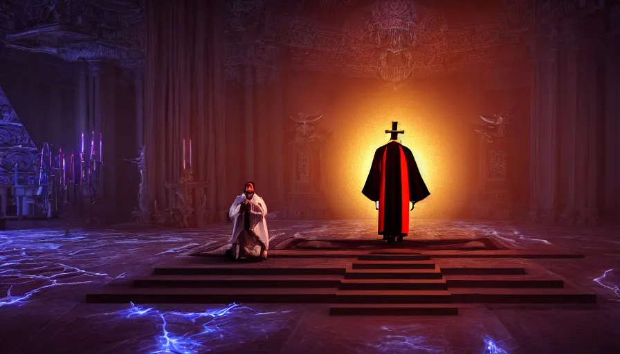 Image similar to an occult priest performs demonic ritual with magic and a glowing sigil in a fantastic temple, volumetric lighting, magical lighting, raytracing, dynamic lights and shadows, photorealistic render, digital art, wallpaper