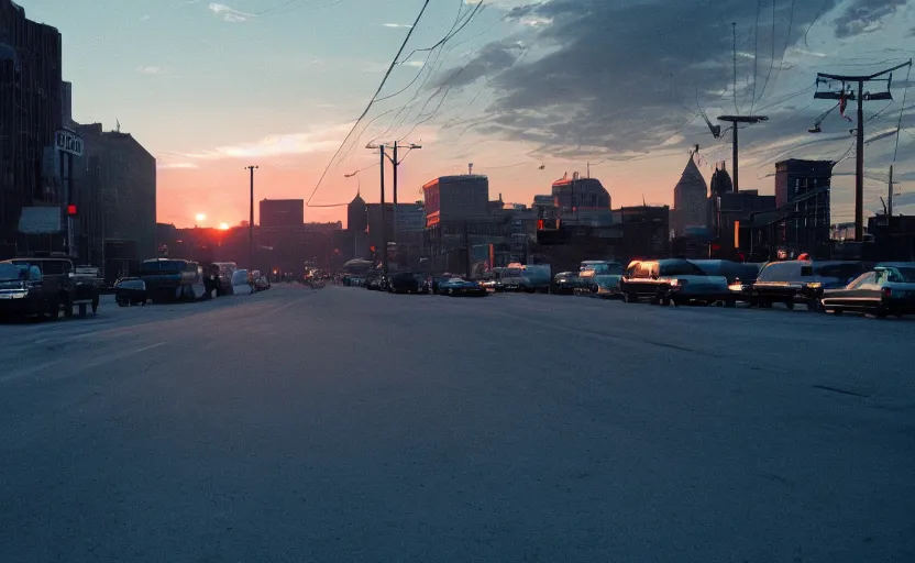 Prompt: cinematic screenshot sunrise view of buffalo as seen from bus, moody scene from being john malcovich directed by charlie kaufman ( 2 0 0 1 ), moody volumetric light morning, anamorphic lenses, kodak color film stock