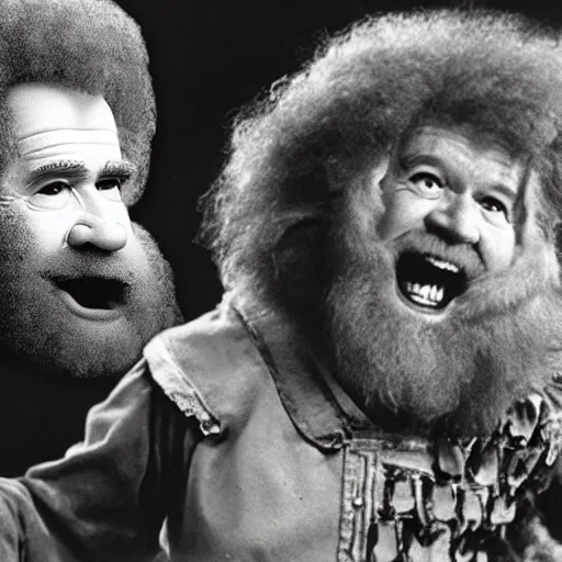Prompt: bob ross screaming at the cowardly lion, wizard of oz