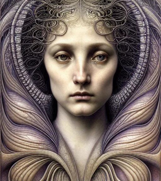 Prompt: detailed realistic beautiful summer goddess face portrait by jean delville, gustave dore, iris van herpen and marco mazzoni, art forms of nature by ernst haeckel, art nouveau, symbolist, visionary, gothic, neo - gothic, pre - raphaelite, fractal lace, intricate alien botanicals, ai biodiversity, surreality, hyperdetailed ultrasharp octane render