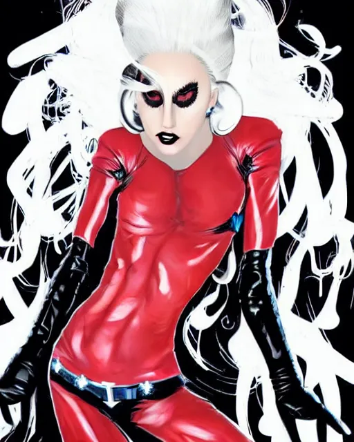 Prompt: comic book cover of lady gaga harley queen, graphic art, rgba, pinterest, dynamic character, highly character details, concept art, highly ultra - realistic, intricate details, highly detailed, reduce character duplication, reduce character image stackin, in the style of alex ross, don lawrence's, takehiko inoue, tite kubo, and akira hiramoto