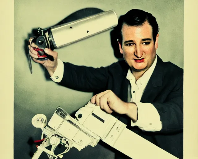 Prompt: bloody ted cruz holding knife with searchlight overhead, film reel, technicolour film