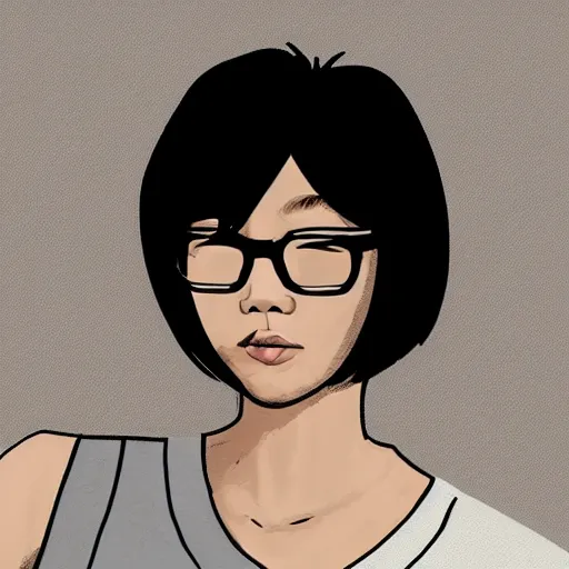 Prompt: portrait of an asian trans girl with very short black hair and glasses, shaggy haircut, wearing a black t-shirt, digital art, elegant pose, masterpiece