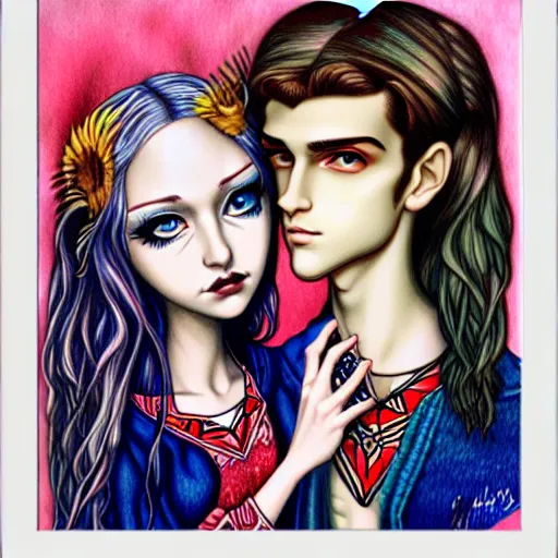 Image similar to perfectly centered symmetrical split male and female portrait of man and woman in love sharing one heart. art by jasmine becket griffith