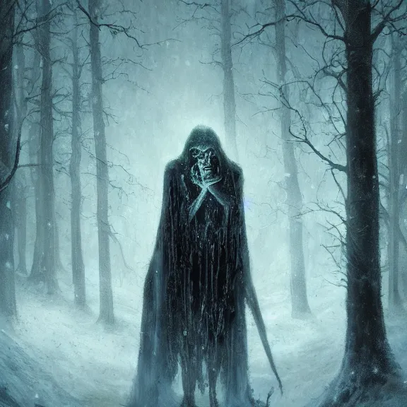 Image similar to cloaked humanoid wendigo feasting, nighttime located in a snowy dark forest, lurking horror, distant shot, dungeons and dragons, magic the gathering, forboding, high detail, oil painting, style of seb mckinnon