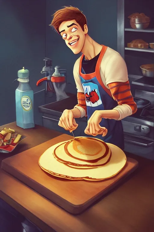 Image similar to pete davidson making pancakes, animation pixar style, by pendleton ward, magali villeneuve, artgerm, rob rey and kentaro miura style, golden ratio, trending on art station