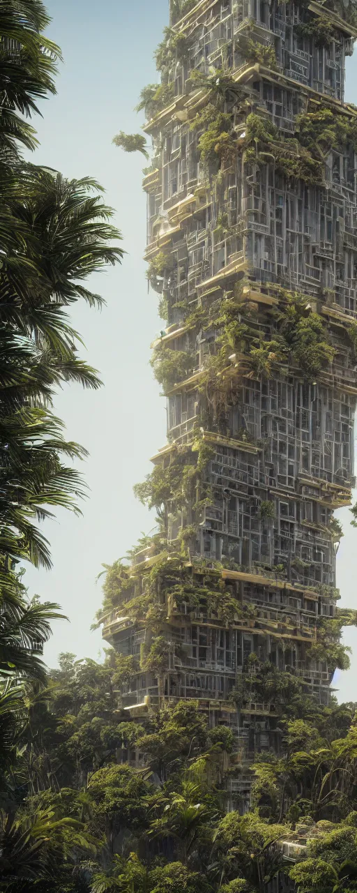 Image similar to solarpunk style, eye level view of a contemporary tower, golden intricate details, stone facade, sacred architecture, hanging gardens, cascading highrise, arid mountains with lush palm forest, photorealistic, sunlight, 8 k, post - production, octane, cgi, sfx