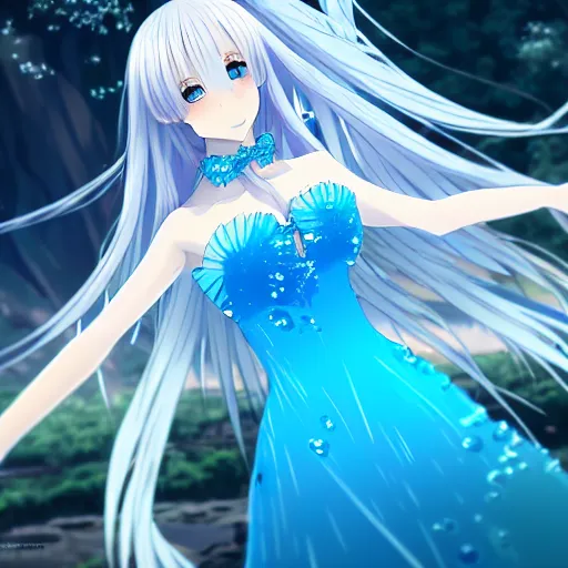 Prompt: a very beautiful anime girl wearing a dress made of water standing in a crystal lake , full body, long white hair with azure blue highlights blending into the dress , azure blue watery eyes, full round face, seductive over the shoulder glances , lens flare, cinematic lighting, medium shot, mid-shot, highly realistically detailed, trending on artstation, Unreal Engine 4k, Stanley Artgerm Lau, WLOP, Rossdraws, James Jean, Andrei Riabovitchev, Marc Simonetti, and Sakimichan
