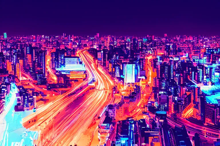 Image similar to aerial photo of neon tokyo street at night futuristic aesthetic matte painting, wallpaper, unsplash, colorful, style of aenami alena, neon blue color, vaporwave,