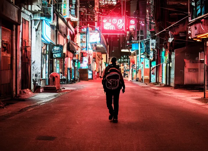 Image similar to photography of a Cat carrying a backpack . in a cyberpunk street. award winning photo, led lighting, night, 24mm, sharp, high res