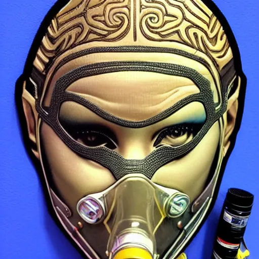 Prompt: portrait of a female diver with a oxygen mask intricate details on the carved metallic mask by MARVEL comics and Sandra Chevrier