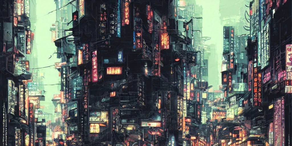 Image similar to cinematic high contrast graphic illustration of a hyper detailed street in neo tokyo by greg rutkowski