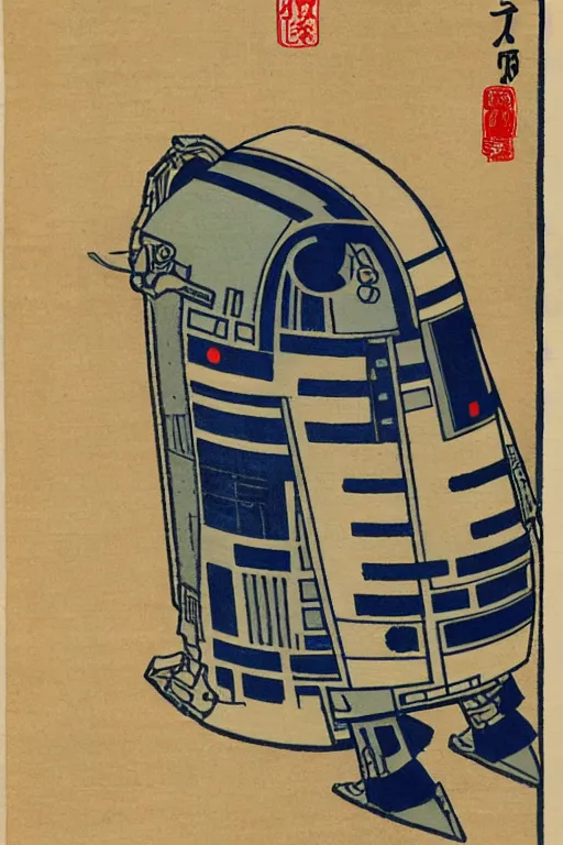 Image similar to Japanese woodblock print of r2d2, hokusai