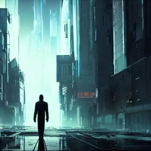 Image similar to Androids walking in a dystopic city