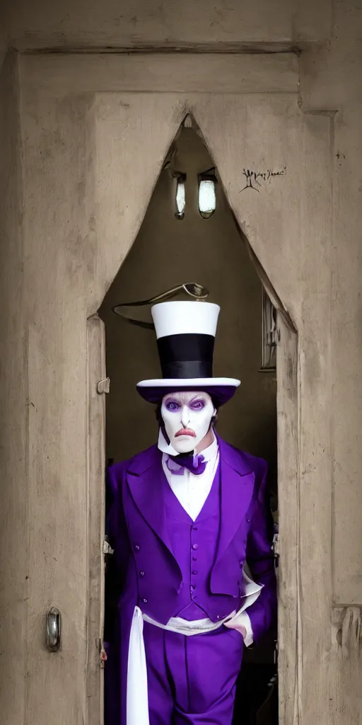 Image similar to a purple skinned tiefling with a goatee wearing a white suit and tophat standing in a doorway, purple skin, goatee, by Mark Brooks