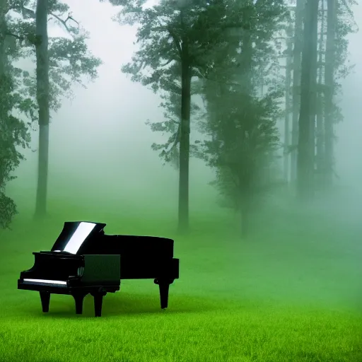 Prompt: a giant grand piano fading into the green fog, dramatic