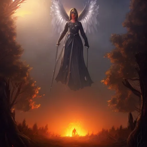 Prompt: great funeral for a fallen lord knight, many small trees and bushes in fire on background, night scene, angel flying down from sky, victorian town far away, high details, high quality, cinematic, fantasy, trending on artstation