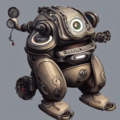 Image similar to a mechanical robot with camera lens eyes in the shape of a cute fat obese animal person bot with a round belly and digital distortion around it, intricate, highly detailed, artstation, concept art, smooth, sharp focus, art by artgerm and greg rutkowski