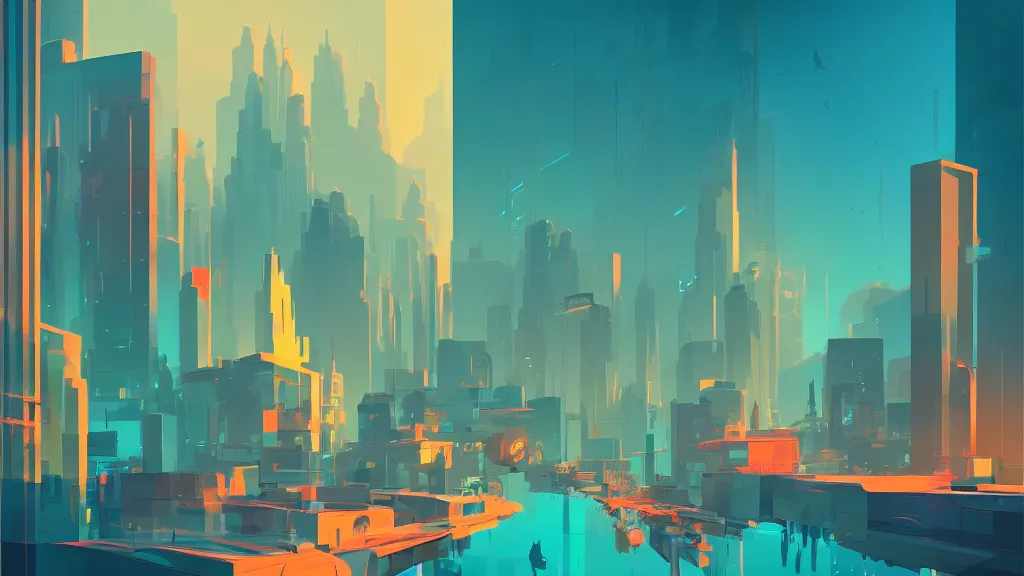 Image similar to downtown traffic, buildings, and lake, by anton fadeev