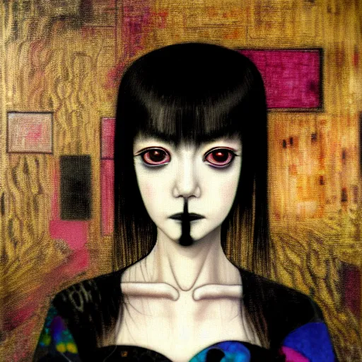 Image similar to yoshitaka amano blurred and dreamy realistic three quarter angle portrait of a young woman with black lipstick and black eyes wearing dress suit with tie, junji ito abstract patterns in the background, satoshi kon anime, noisy film grain effect, highly detailed, renaissance oil painting, weird portrait angle, blurred lost edges