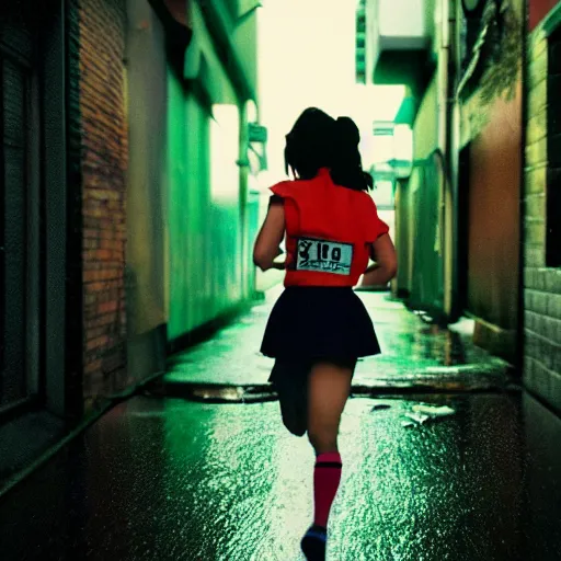 Image similar to 1990s perfect 8K HD professional cinematic photo of close-up japanese schoolgirl running in dystopian alleyway with neon signs, at evening during rain, at instagram, Behance, Adobe Lightroom, with instagram filters, depth of field, taken with polaroid kodak portra