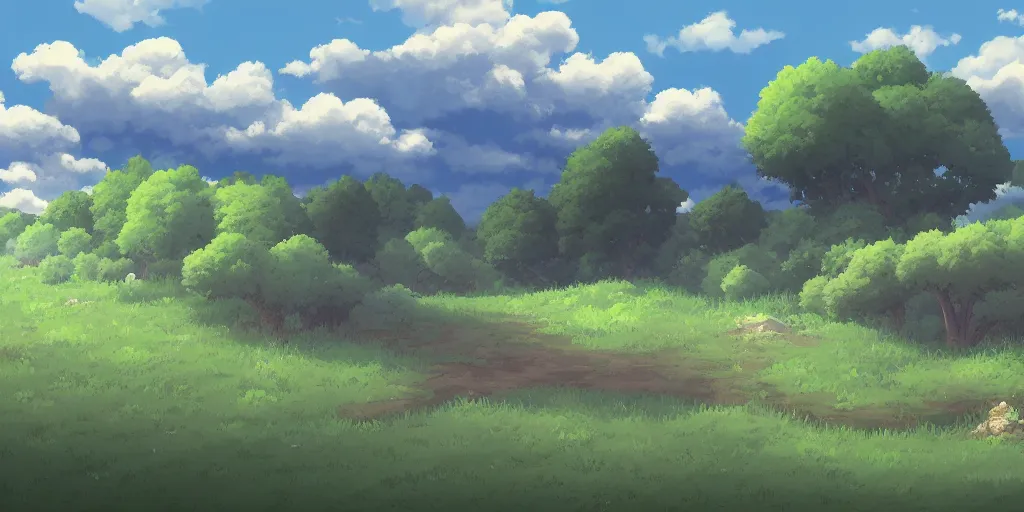 Prompt: landscape, summer, morning, beautiful cloud, quiet, no people, Ghibli, Anime Background, Miyazaki Hayao, concept art, illustration,smooth, sharp focus, intricate, super wide angle, trending on artstation, trending on deviantart, pixelart