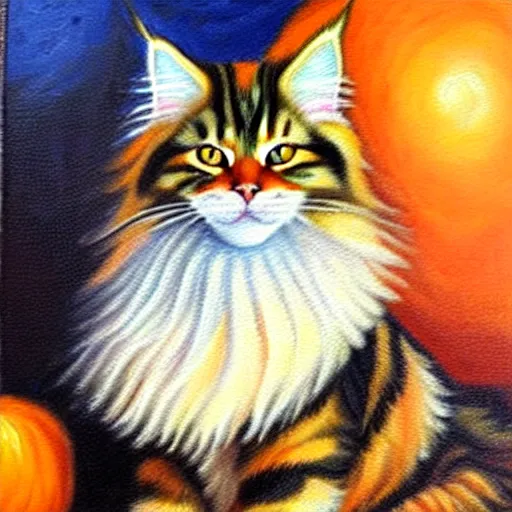 Prompt: beautiful oil painting of an orange maine - coon with a white beard. wearing a white sombrero