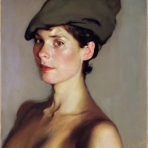 Prompt: A stunning masterful portrait of a striking French woman with short pink hair and wearing a black French beret high cheek bones by Andrew Wyeth, John Singer Sargent, and Norman Rockwell, natural light, oil painting, ethereal, earth tones, strong brushwork
