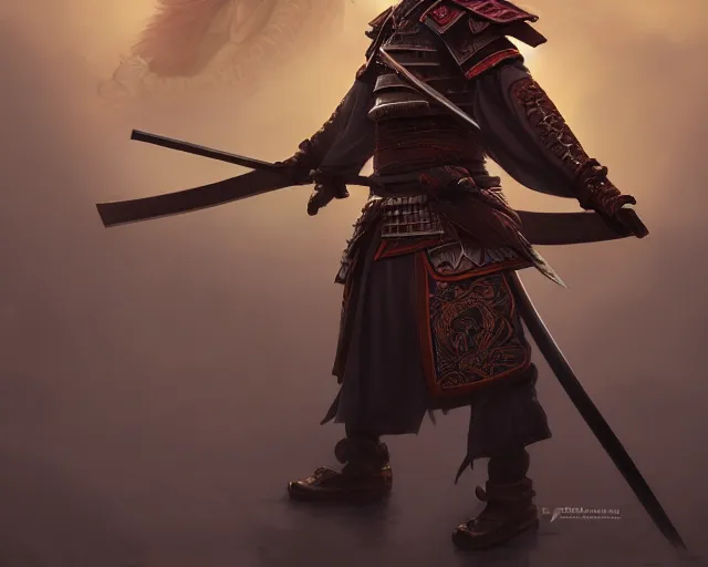 Image similar to photography of a full body japanese samurai, deep focus, d & d, fantasy, intricate, elegant, highly detailed, digital painting, artstation, concept art, matte, sharp focus, illustration, hearthstone, art by artgerm and greg rutkowski and alphonse mucha