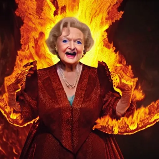 Image similar to stunning awe inspiring betty white the queen of hell surounded by fire, lava and demons, movie still 8 k hdr atmospheric lighting