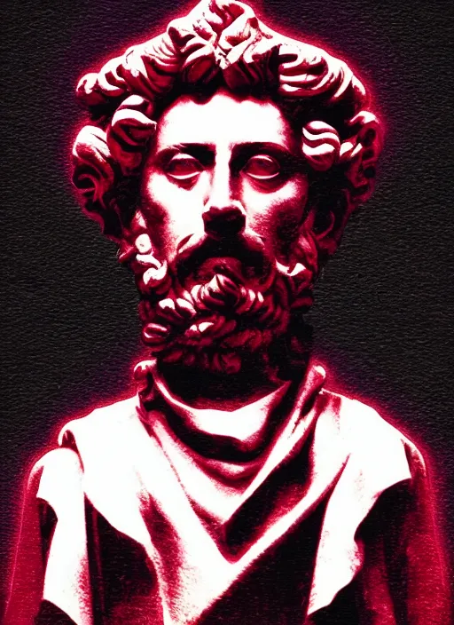 Image similar to dark design poster showing a statue of marcus aurelius, black background with very subtle red and purple design elements, powerful, nekro, vito acconci, thin straight lines, dark, glitch art, neo vaporwave, gritty, layout frame, square, trending on artstation