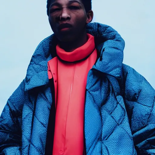 Image similar to realistic photoshooting for a new raf simons lookbook, color film photography, close up, model is wearing a puffer jacket, photo of a woman, photo in style of tyler mitchell, 3 5 mm