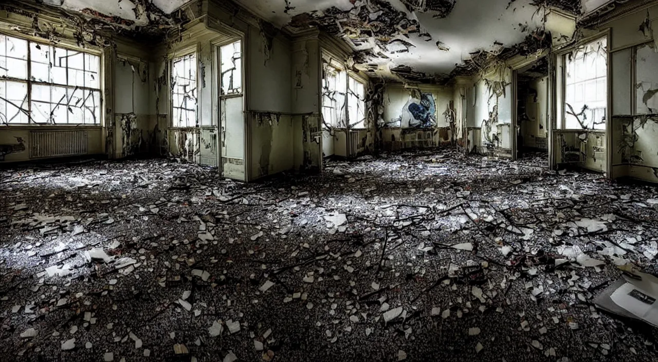 Prompt: photograph of the inside of a rotting abandoned hospital with a checkered floor, crime scene, horror, joe biden barely in view in the corner with a demonic grin on his face