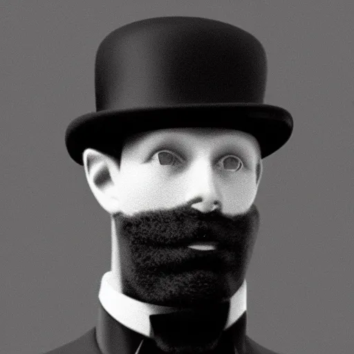 Image similar to A photograph portrait of Jerma985 wearing a bowler hat in the early 1920s, taken in the early 1920s, grainy, taken on a early 1900s Kodak Camera, realistic, hyperrealistic, very realistic, highly detailed, very detailed, extremely detailed, detailed, digital art, trending on artstation