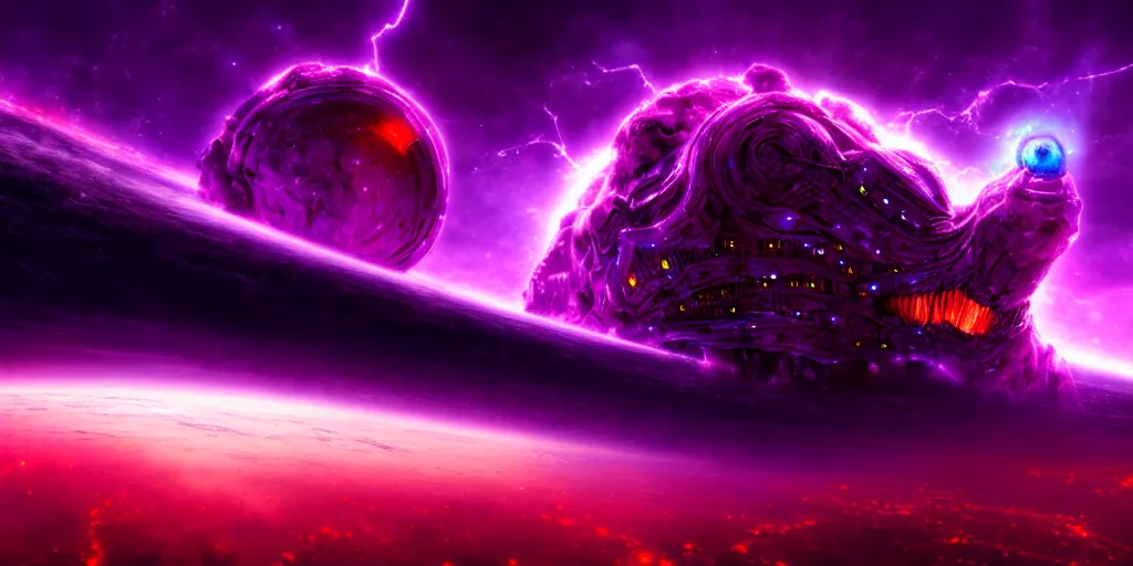 Image similar to Horrific cosmic beast consumes distant future city, emerging from timespace tear, cinematic lighting, PBR, hyperrealistic, oil painting, purple crimson color scheme, dirtyfuturepunk