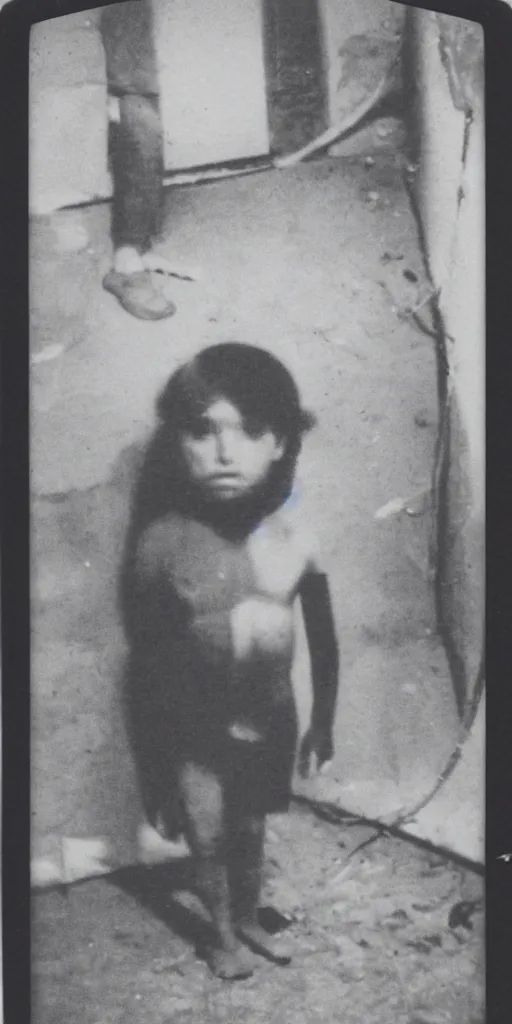 Prompt: found polaroid photo of a young boy with a horrifying figure looming behind him in a musty basement, detailed real photo