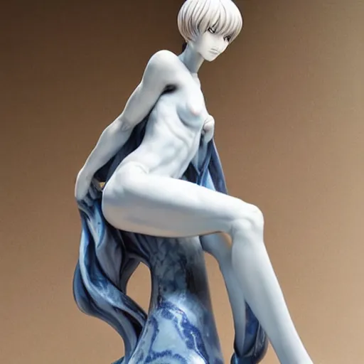 Prompt: intricate marble statue of rei ayanami kneeling relaxed, highly detailed