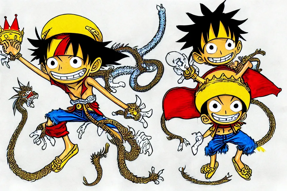 Image similar to concept sketches of luffy wearing a gold crown riding a large dragon by jamie hewlett, in the style of megaman, micro detail