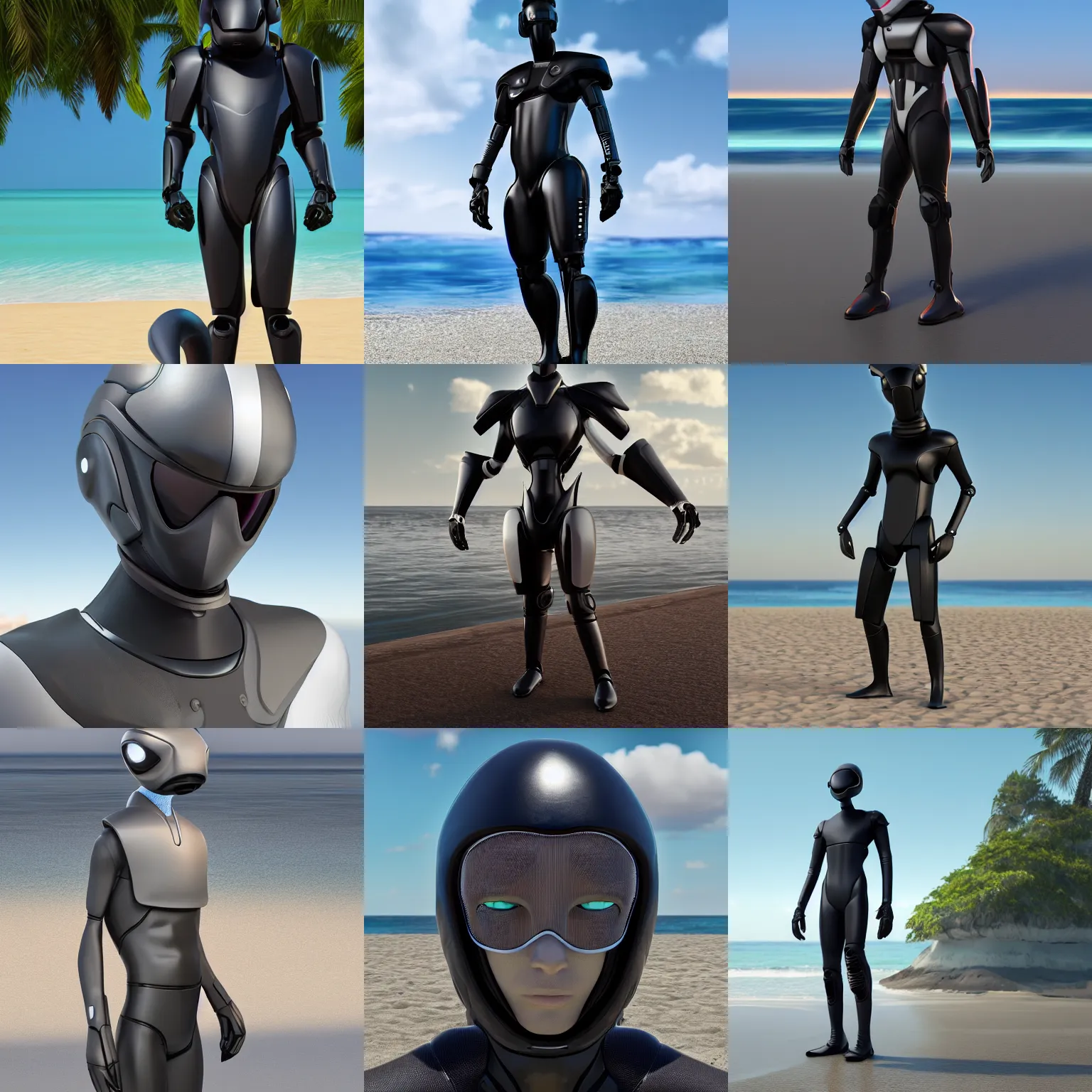 Prompt: synthetic male anthro android with a wide neck and a dolphin's head and tail, sleek waterproof design, dark opaque visor over top of face, standing on a beach, commission on furaffinity, cgsociety, octane render