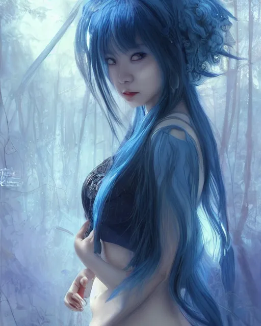 Image similar to stunningly beautiful female blue hair, cute korean actress, dj sura, fantasy art, fae priestess, lush dark forest landscape, fireflys at night, sharp focus, digital painting, 8 k, concept art, art by wlop, artgerm, greg rutkowski and alphonse mucha