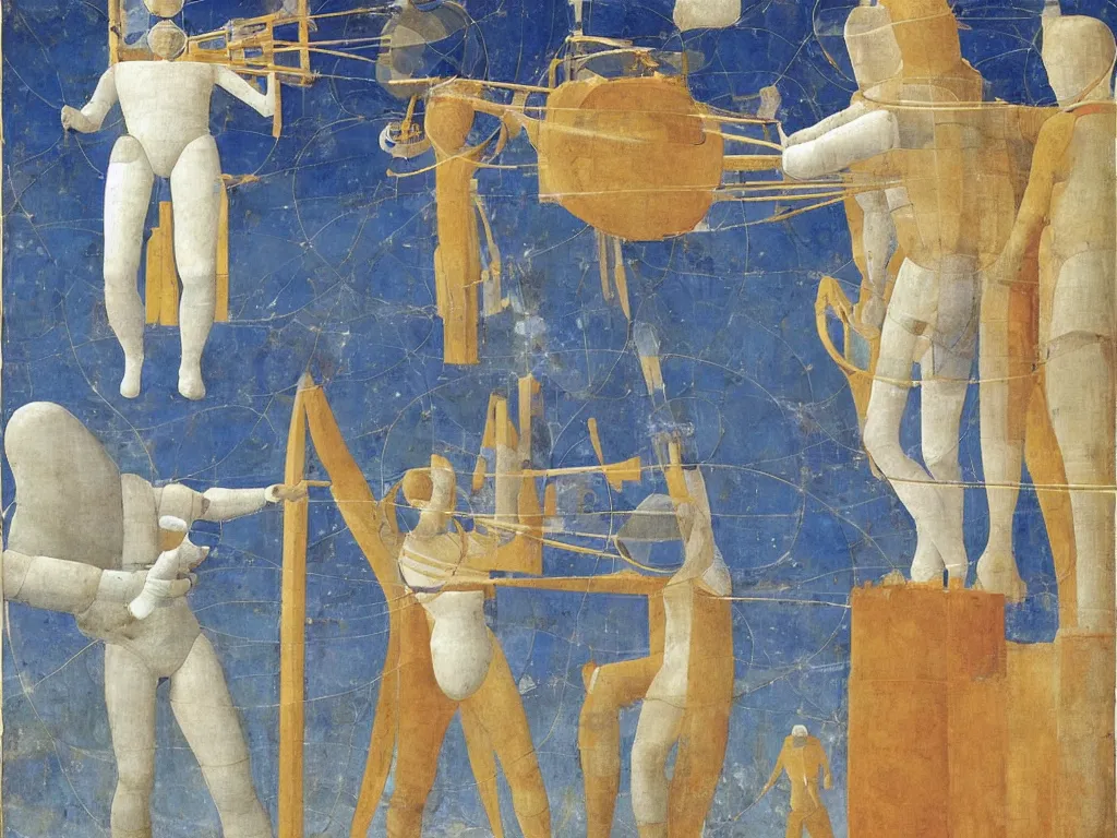 Image similar to giant white beekeeper suit mech piloted from the forehead by devil. lapis - lazuli. painting by piero della francesca, bosch, moebius