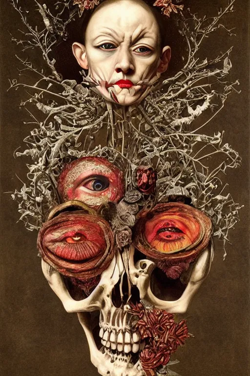 Prompt: Detailed maximalist portrait with large lips and with large, wide eyes, angry expression, extra bones, flesh, HD mixed media, 3D collage, highly detailed and intricate, surreal, botany, illustration in the style of Caravaggio, dark art, baroque