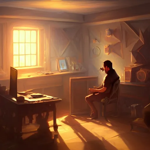 Image similar to a man and a room melting in a room with two computers, d & d, fantasy digital painting, trending on artstation, concept art, sharp focus, illustration, global illumination, ray tracing, realistic shaded, art by artgerm and greg rutkowski and fuji choko and viktoria gavrilenko and hoang lap