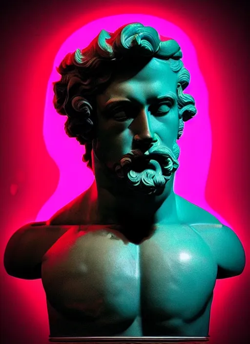 Image similar to bust of hercules, beeple, vaporwave, retrowave, black background, neon wiring, black, glitch, strong contrast, cuts, pinterest, trending on artstation