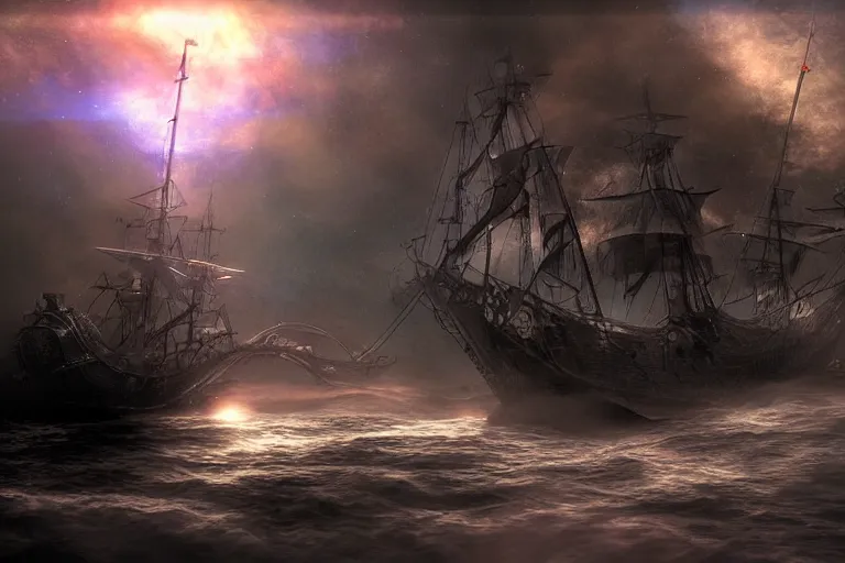 Image similar to an old pirate ship in space, digital painting, volumetric light, intricate