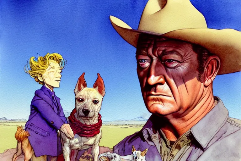 Prompt: a hyperrealist watercolour character concept art portrait of john wayne and a small white dog. there is a horse. arizona desert. there is a villain in the background. by rebecca guay, michael kaluta, charles vess and jean moebius giraud